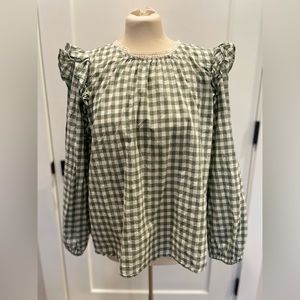 J Crew Green Checkered Ruffle Lace Blouse